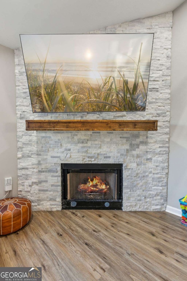 interior details with hardwood / wood-style flooring and a stone fireplace