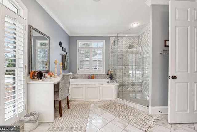 bathroom with tile patterned floors, crown molding, and shower with separate bathtub