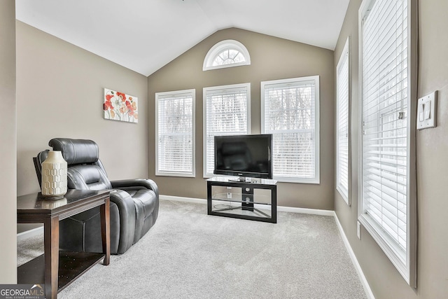 living area with carpet flooring and vaulted ceiling