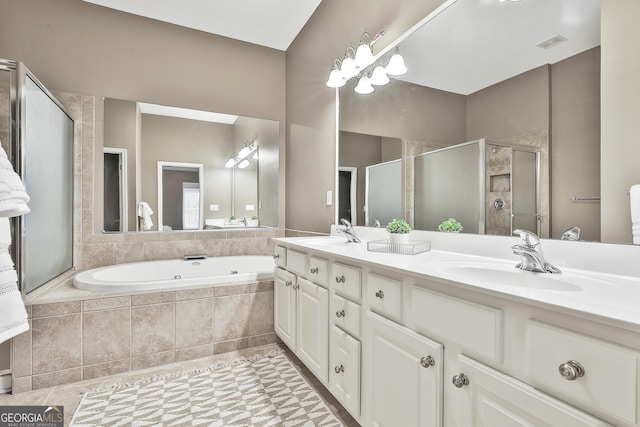 bathroom with vanity, separate shower and tub, and tile patterned flooring