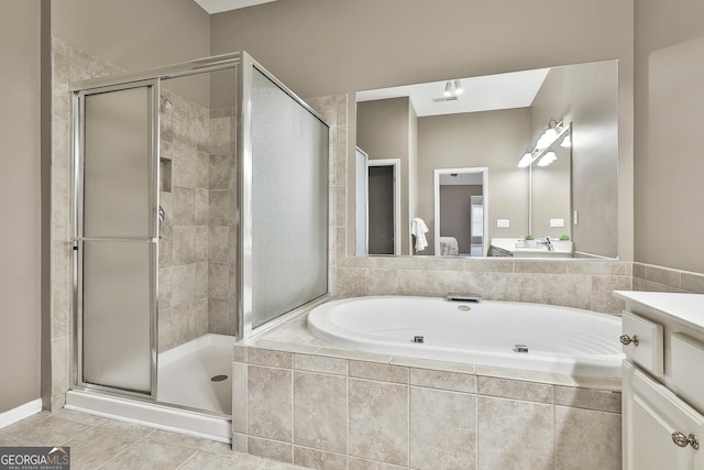 bathroom with vanity, separate shower and tub, and tile patterned flooring