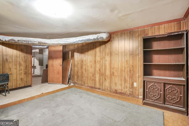 basement featuring wood walls