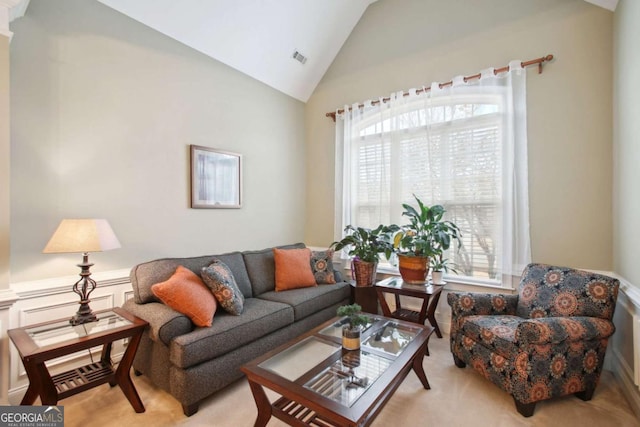 living room featuring lofted ceiling