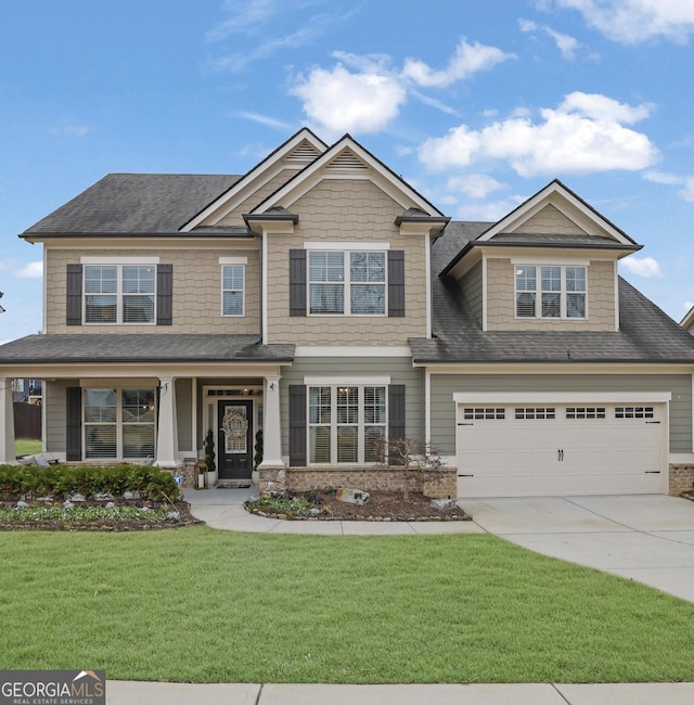 craftsman inspired home with a garage and a front lawn