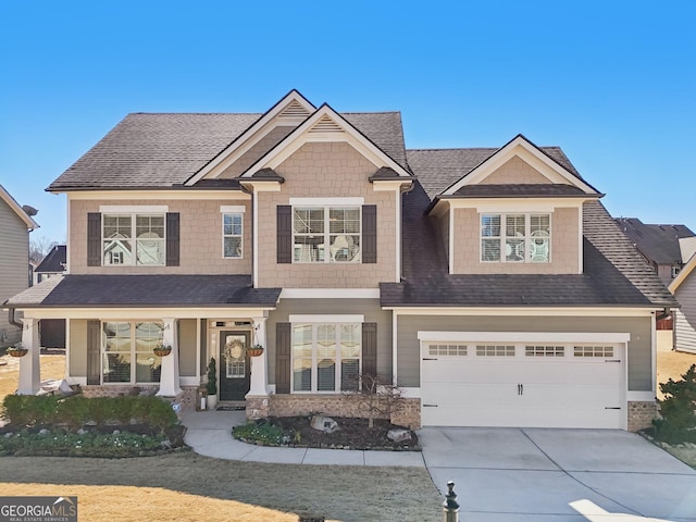 craftsman house featuring a porch, a garage, driveway, roof with shingles, and a front lawn