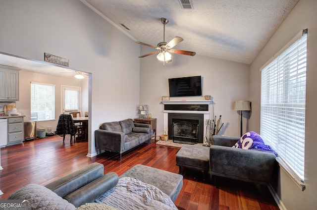 living room with a textured ceiling, vaulted ceiling, ceiling fan, and dark hardwood / wood-style flooring