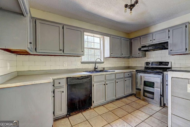 kitchen featuring black dishwasher, electric stove, sink, gray cabinets, and light tile patterned floors