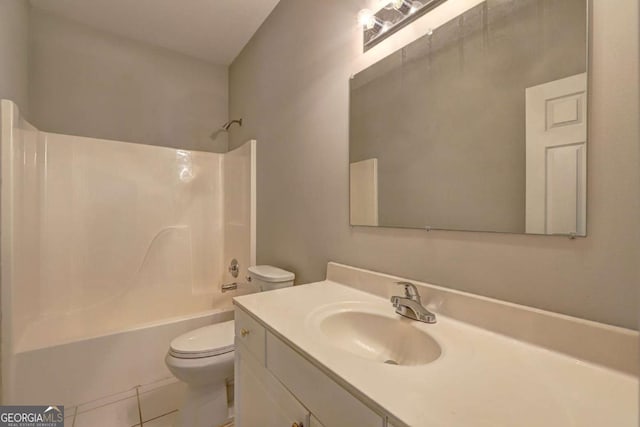 full bathroom featuring shower / bathtub combination, tile patterned floors, toilet, and vanity