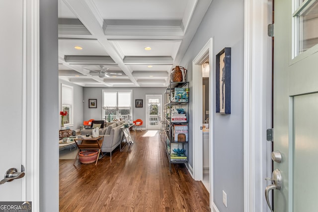 foyer with dark wood-style floors, coffered ceiling, recessed lighting, crown molding, and beamed ceiling