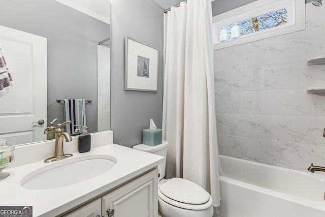 full bath featuring toilet, vanity, and shower / bath combination with curtain