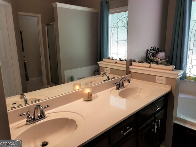 bathroom with vanity and independent shower and bath