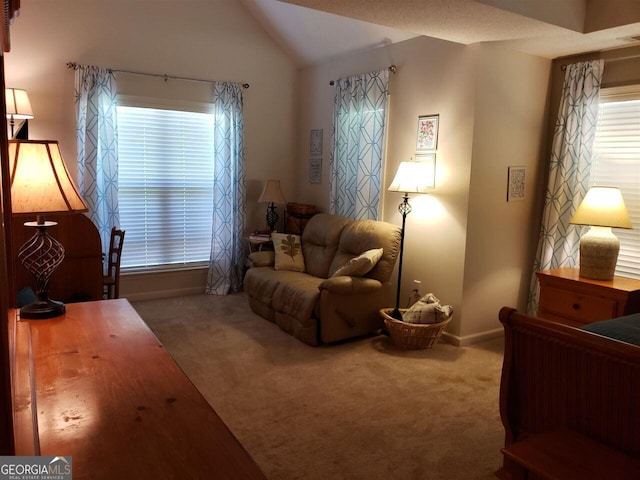 sitting room with carpet flooring and vaulted ceiling