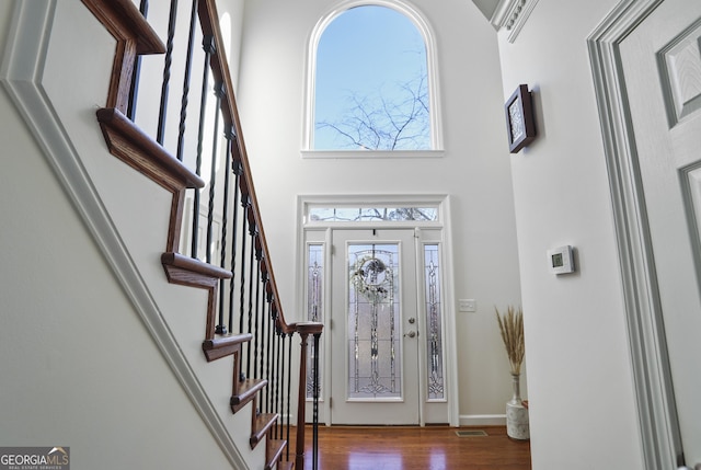 entryway featuring a towering ceiling and wood-type flooring