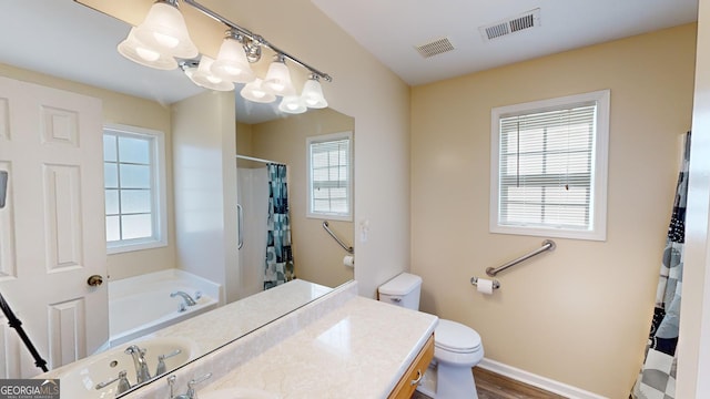 full bathroom featuring plenty of natural light, hardwood / wood-style flooring, a notable chandelier, and vanity