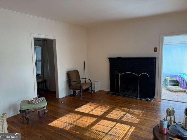 sitting room featuring a brick fireplace and dark hardwood / wood-style flooring