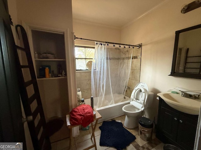 full bathroom with toilet, tile patterned flooring, shower / bath combination with curtain, ornamental molding, and vanity