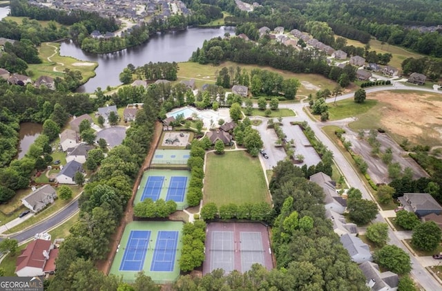 drone / aerial view with a water view