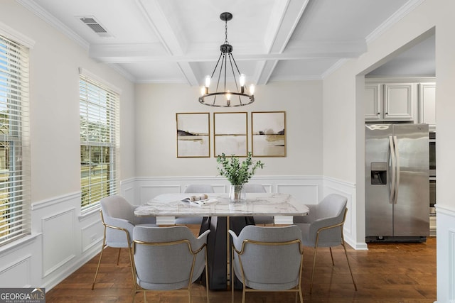 dining room featuring coffered ceiling, dark wood-type flooring, a chandelier, and beam ceiling