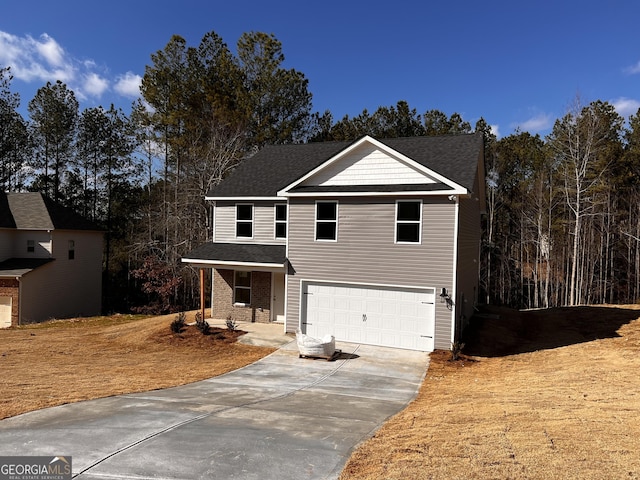 craftsman inspired home with a garage and a front lawn