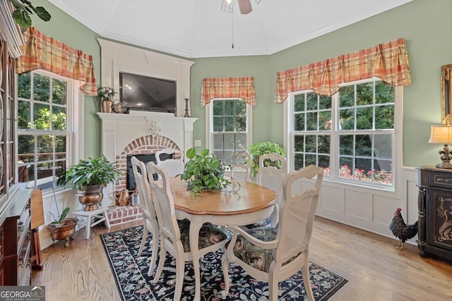 dining area featuring crown molding, a fireplace, light hardwood / wood-style floors, and ceiling fan