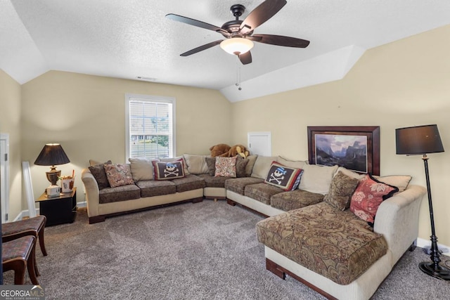 living room with carpet floors, ceiling fan, vaulted ceiling, and a textured ceiling