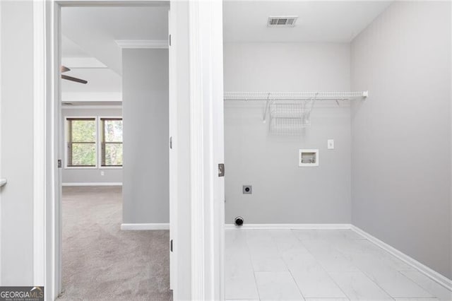 laundry area with hookup for a washing machine, electric dryer hookup, and light colored carpet