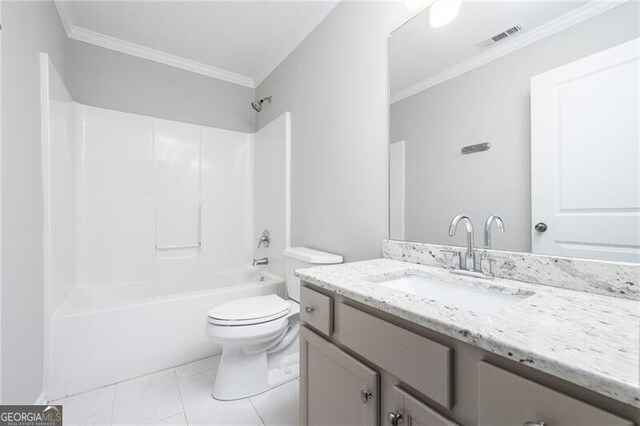 full bathroom featuring tile patterned floors, vanity, shower / bath combination, toilet, and ornamental molding