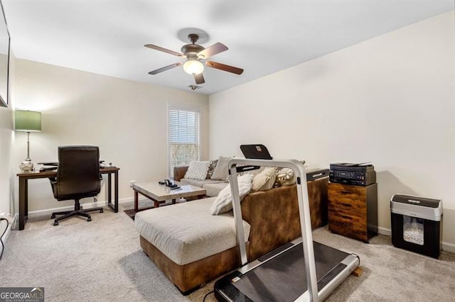 interior space featuring ceiling fan and light carpet