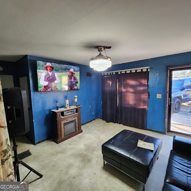 living room featuring a fireplace