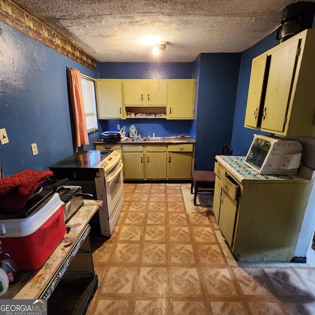 kitchen featuring sink, white electric stove, and a textured ceiling