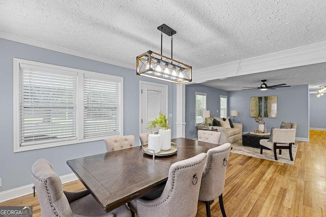 dining space with baseboards, crown molding, a textured ceiling, and light wood finished floors