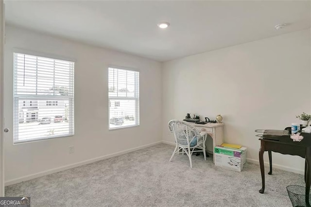 office area featuring light colored carpet