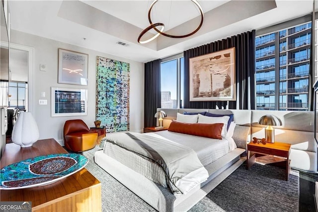 bedroom featuring multiple windows and a raised ceiling