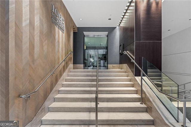 stairs with wooden walls