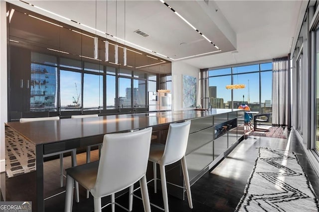 kitchen with floor to ceiling windows