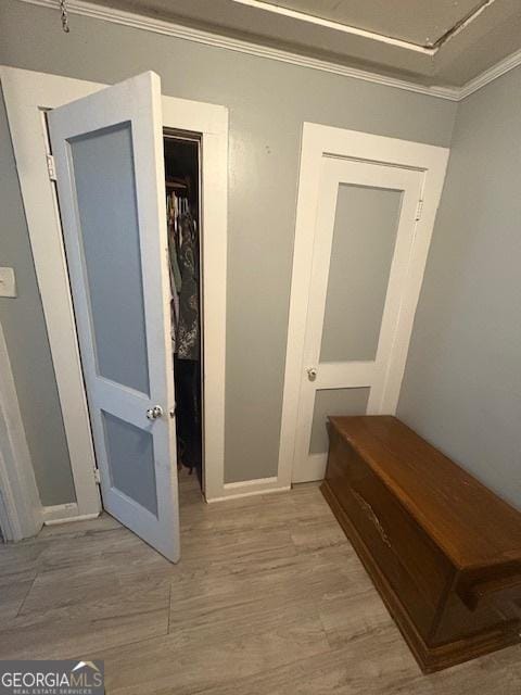 interior space with light wood-type flooring, a closet, and ornamental molding