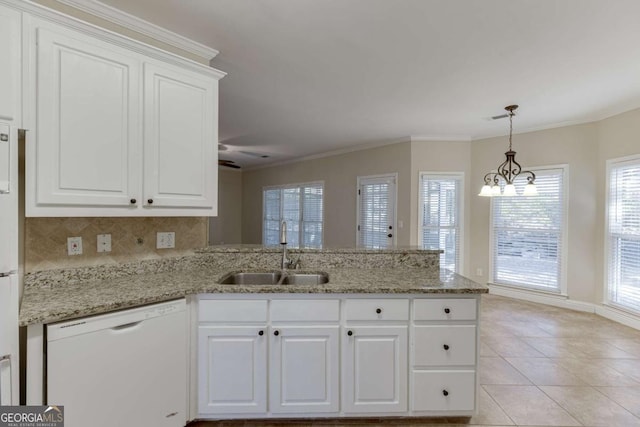 kitchen with sink, white cabinets, white appliances, and kitchen peninsula