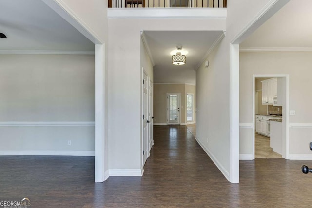 corridor featuring ornamental molding and dark hardwood / wood-style floors