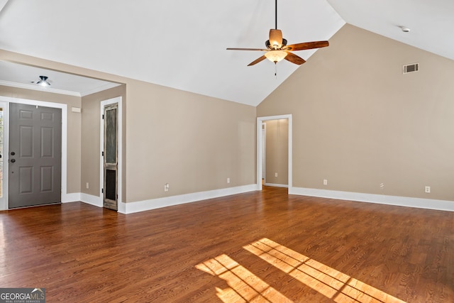 unfurnished living room with dark hardwood / wood-style flooring, high vaulted ceiling, and ceiling fan