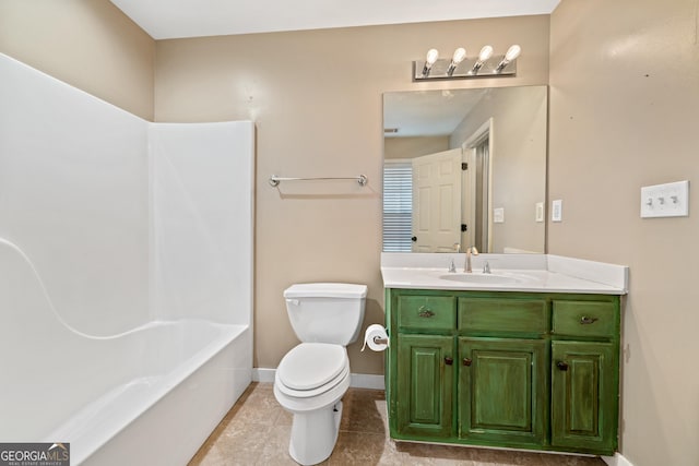 full bathroom with vanity, toilet,  shower combination, and tile patterned flooring