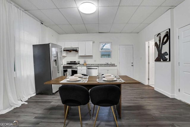 kitchen with white cabinets, wood counters, stainless steel appliances, a paneled ceiling, and dark hardwood / wood-style floors