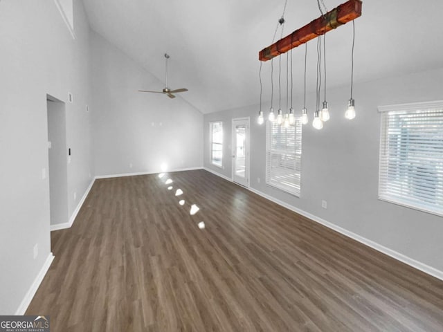 unfurnished living room featuring plenty of natural light, dark hardwood / wood-style floors, and ceiling fan