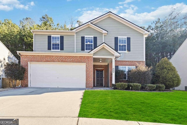 view of front of house with a front yard and a garage