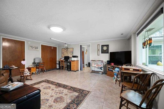 living room featuring crown molding and a textured ceiling