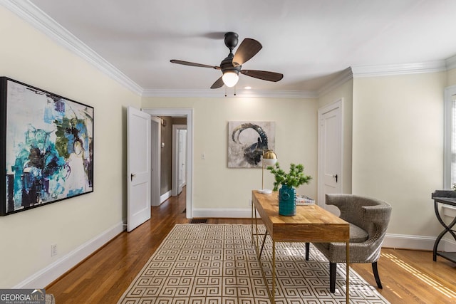 interior space with crown molding, dark wood-type flooring, and ceiling fan