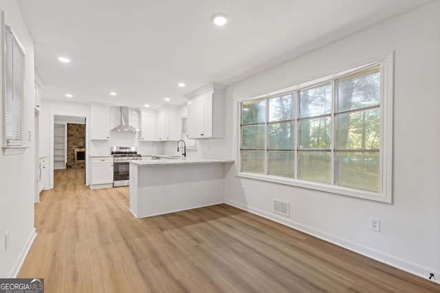 kitchen featuring white cabinets, wall chimney range hood, decorative backsplash, stainless steel stove, and kitchen peninsula