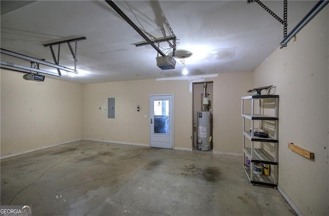 garage featuring water heater, a garage door opener, and electric panel