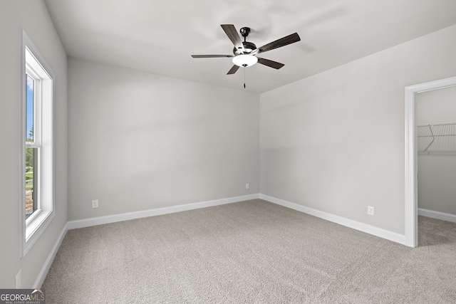 unfurnished bedroom with ceiling fan, carpet floors, a walk in closet, and a closet