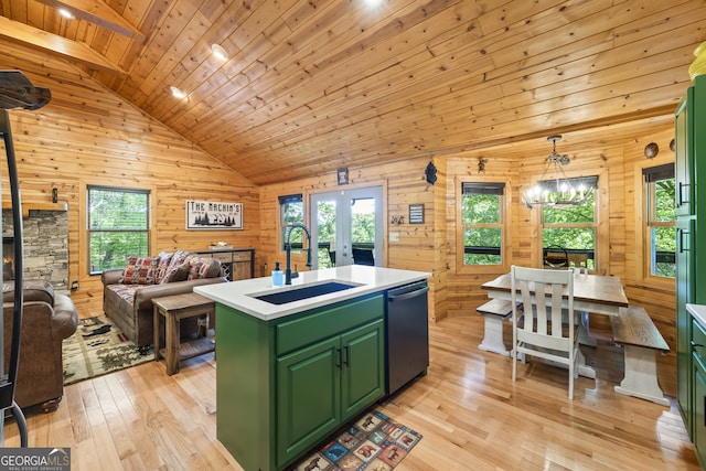 kitchen with green cabinets, dishwasher, sink, wooden ceiling, and a kitchen island with sink