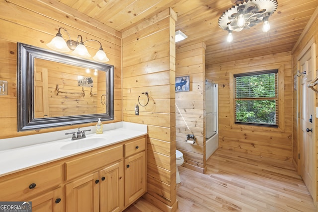 bathroom featuring wood ceiling, hardwood / wood-style flooring, wood walls, and a shower with door